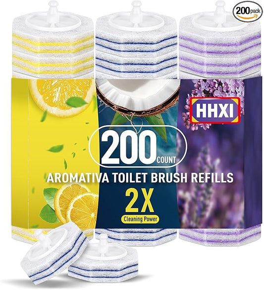 200Ct Aromative Toilet Brush Refills, Toilet Bowl Cleaner Refills, Double-Layer Cleaning Pads Added, Disposable Refill Heads for Toilet Bowl Cleaner Wands，Lemon, Blue Ocean, Lavender （Patented）