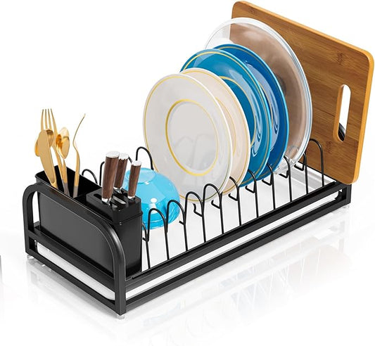 Black Dish Drying Rack Small for Kitchen Counter, 304 Stainless Steel Dish Rack w Tray & Cutlery Holder, Narrow Dish Drainer for Pots & Pans, Cutting Boards, Plates & Lids
