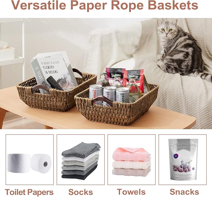 FairyHaus Hand-Woven Wicker Storage Basket with Natural Wooden Handles Set of 2, Recyclable & Renewable Paper Rope, 15x10x5 Wicker Baskets for Storage, Brown