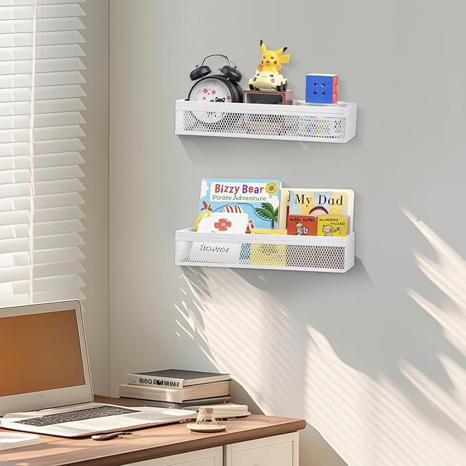 Wetheny Hanging Wall Mount Storage Baskets with Adhesive Hooks & Screwing, Metal Wire Organizer Baskets for Home Decor, Kitchen, Bathroom, Laundry, Closet, Garage, RV Black 2 Packs (White)