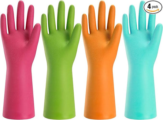 Bamllum Rubber Cleaning Gloves for Kitchen - 4 Pairs Reusable Dishwashing Gloves for Household, Flexible Long-lasting & Waterproof (Medium, Blue+Green+Red+Orange)