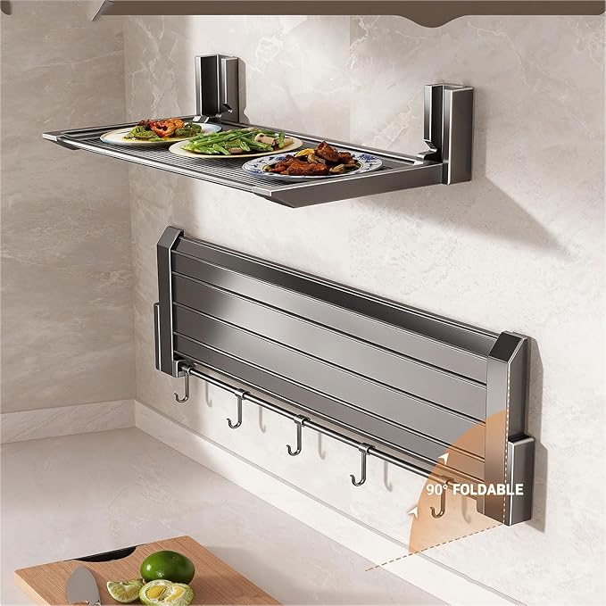 22Inch Floating Shelves for Kitchen Foldable No Drill Storage Rack Sturdy 11lbs Load Space Saving Wall Mount for Spices Cookware Bathroom