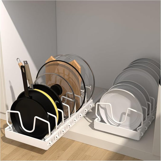 Pots and Pans Organizer Under Cabinet, Sliding Lid Holder and Pan Rack in Kitchen, Slide Out inside Cabinet Storage for Pot Lid, Bakeware, Dishes, 8 Adjustable Dividers, 2 Pack White