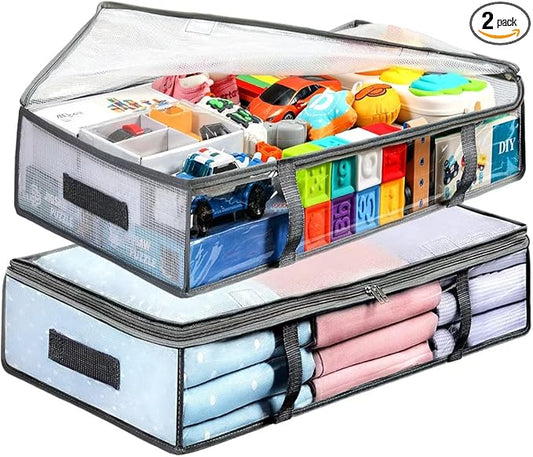 2 Pack Under Bed Storage Containers Bins, Humid-Proof Plastic Underbed Storage Bins, Clothes Storage and Organization Bags, Under the Bed Blanket Storage with Handles for Clothes, Bedroom, 70L