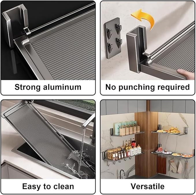 22Inch Floating Shelves for Kitchen Foldable No Drill Storage Rack Sturdy 11lbs Load Space Saving Wall Mount for Spices Cookware Bathroom