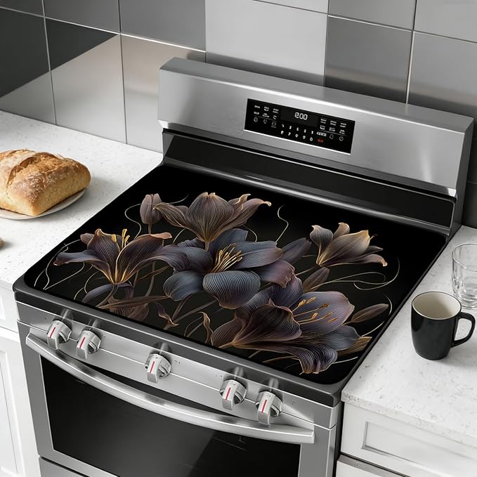 Glass Stove Top Covers for Electric Stove, Heat Resistant Counter Protector Mat, Non Slip Waterproof Surface Cover for Kitchen Counter and Cooktop (Dark Lilies, 28"L x 20"W)