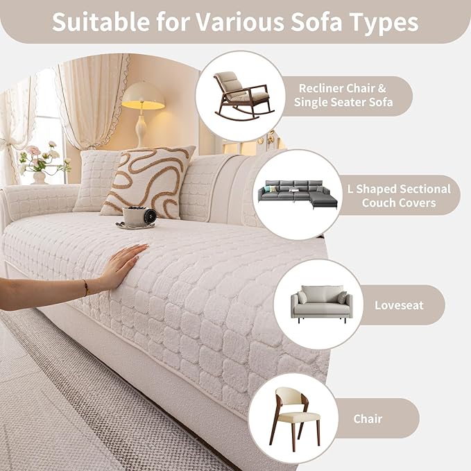 Velvet Sofa Covers Washable, Plush Warm Couch Cover for Loveseat, Funny Fuzzy Couch Covers for Pets&Kids, Non-Slip Sectional Sofa Cover(1PC, Beige White, 35.4"×63", Loveseat)