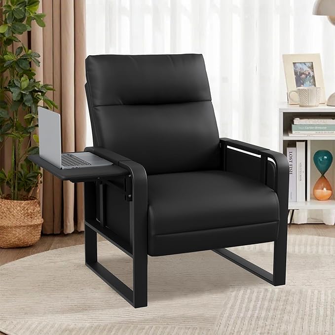 Modern Black Accent Chair PU Leather Upholstered Armchair with Tray Table for Bedroom Living Room Chairs Office Chair
