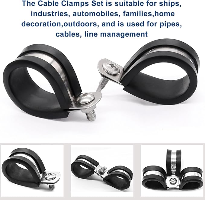 Taiss 50PCS 1/2 Inch Cable Clamps 304 Stainless Steel Rubber Cushion Insulated Wire Clamp,Pipe Clamps Loop Clamps,Metal Clamp With two kinds of screws (13mm)