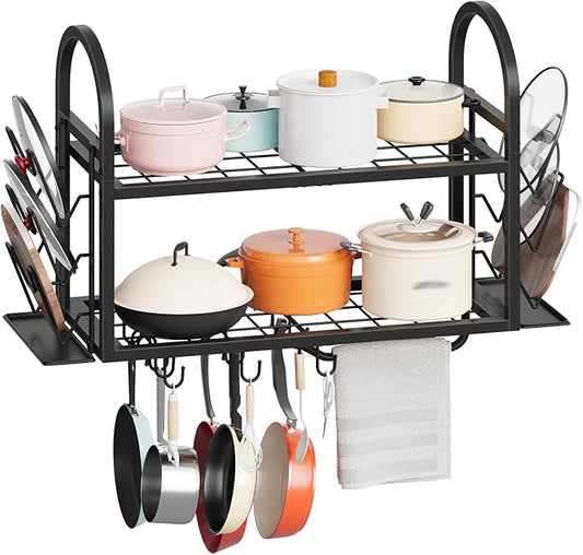 HOOBRO Pot Rack Wall Mounted, 2-Tier Kitchen Pot and Lid Organizer with 6 Lid Holders and 10 Hooks, Wall-Mounted Pot Rack with Towel Bar, for Kitchen Cookware Utensils Storage, Black BB100TL01
