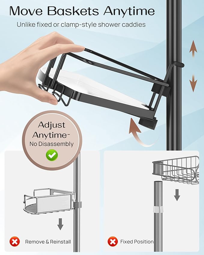 ALLZONE Corner Shower Caddy Tension Pole, 4 Repositionable Hang-On Baskets with Mixed-Height Shelves for Various Bottle Sizes, 4 Dual Hooks & Soap Holder, Rustproof Stainless Steel, Fits 34–116 Inch