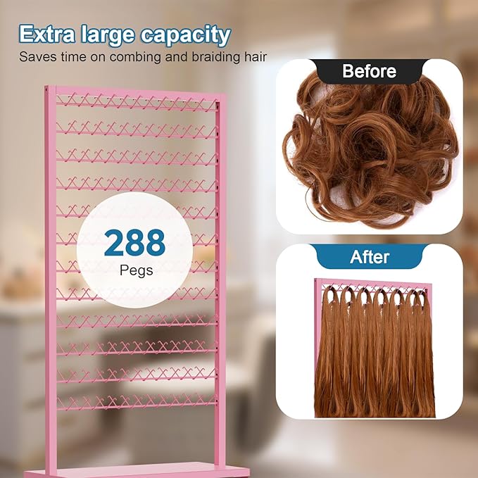 Portable Braiding Hair Rack with Wheels & Storage Drawers,2-Sided 288 Pegs,Hair Extension Holder Hanger for Braiding Hair Separator Stand Display,Hair Rack with Stylist Hair braiding Tools（Pink）