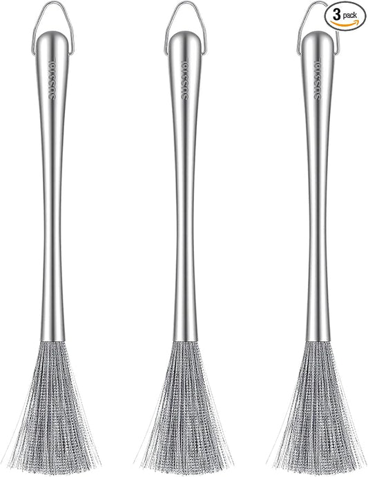 3 Pieces Stainless Steel Dish Brush with Handle, Metal Steel Wool Scrubber for Cast Iron, Cookware, Pot, Pan, Grill, Griddle, Stoves, Sink, Kitchen Scrub Brush for Cleaning