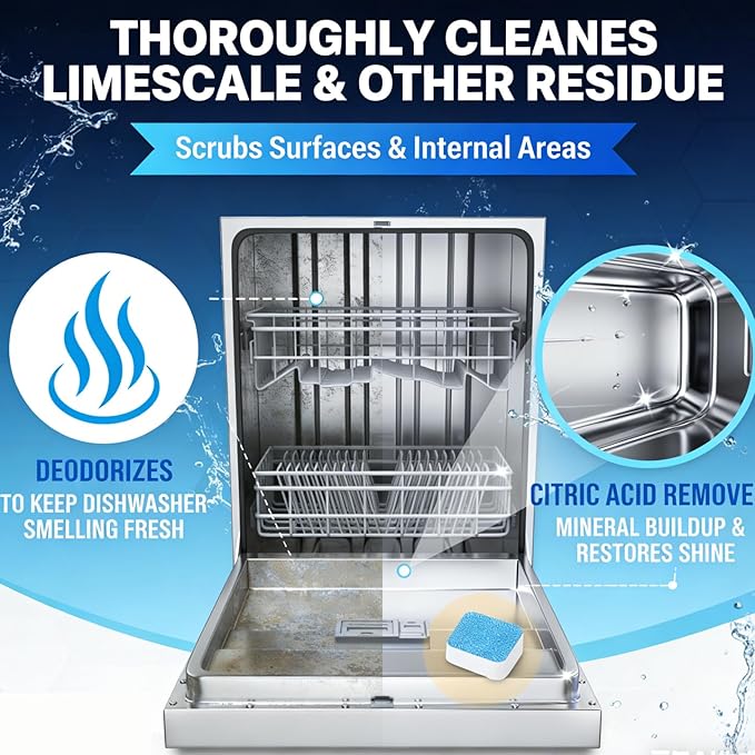 Dishwasher Cleaner Tablets 24 Pack, Professional Strength Descaler and Deodorizer Pods for All Dishwasher Models, Heavy Duty Septic Safe Formula, Limescale Calcium Odor Remover, Alternative to