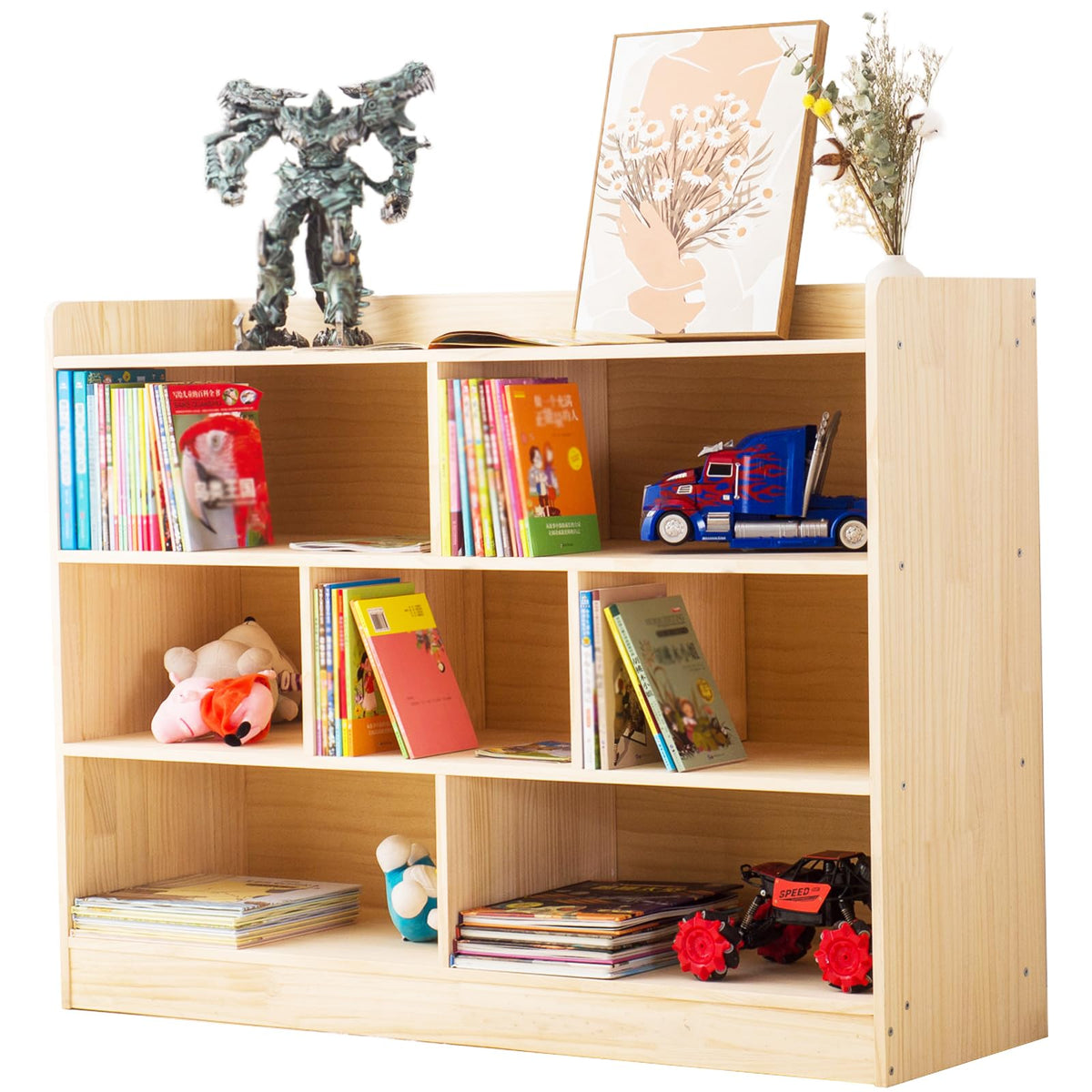 Wooden 7 Compartment Storage Cabinet Organizer Kids 3 Tier Wood - Image 1