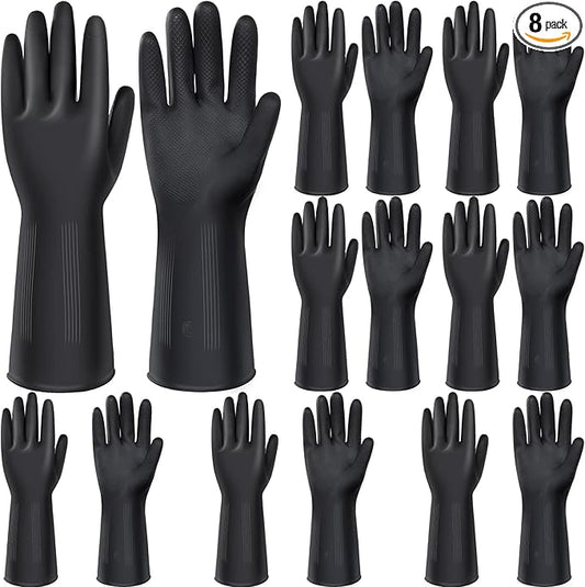 Chumia 8 Pairs Chemical Resistant Latex Gloves Heavy Duty Black Rubber Gloves Cleaning Protective Safety for Car Home Lab(Medium)