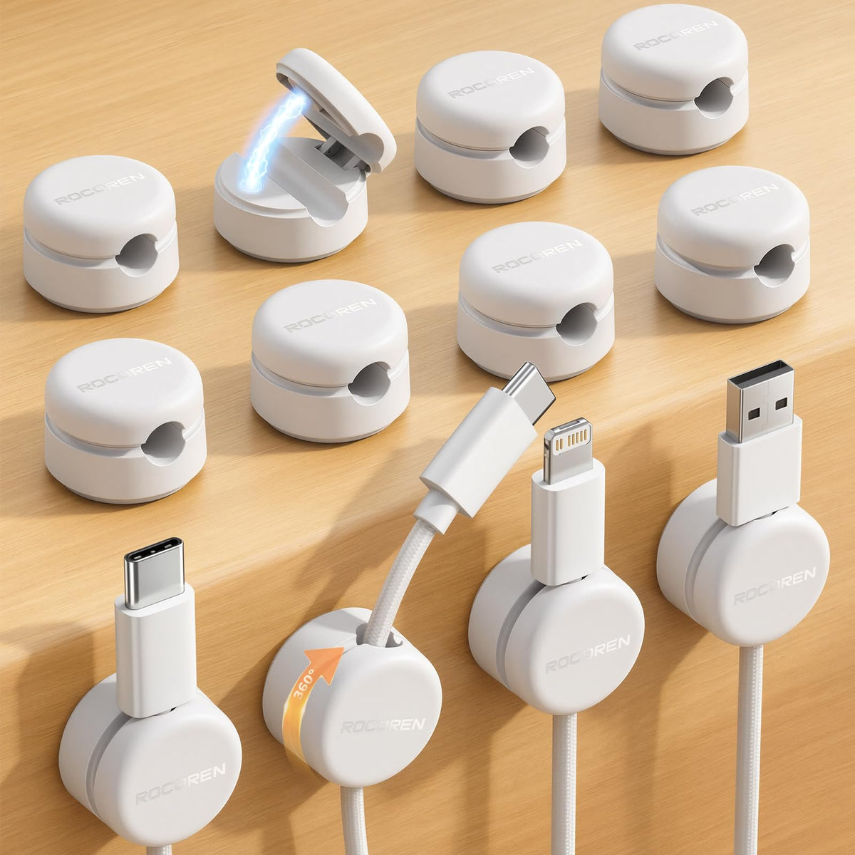 Rocoren 12 Pack Magnetic Cable Clips,360° Rotating Cord Organizer - Image 1