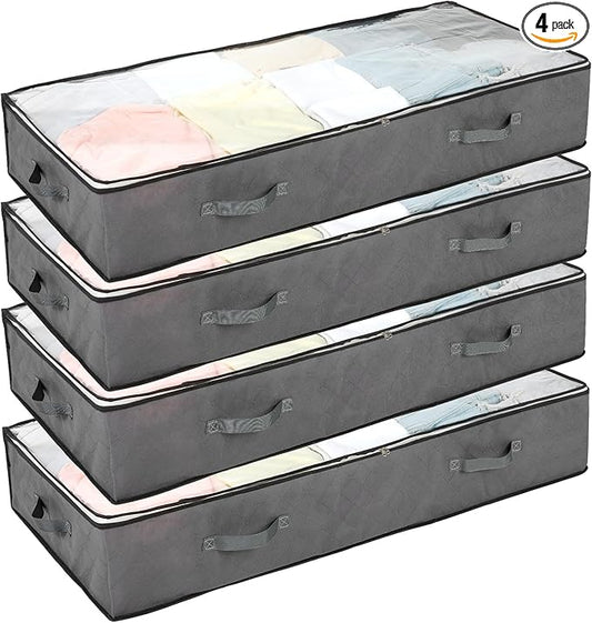 4 Pack 90L Under Bed Storage Containers – Foldable Closet Organizers with Clear PVC Window, Large Underbed Storage Bins for Blankets, Clothes, Shoes, Wrapping Paper (Grey, 39” x 20” x 7”)