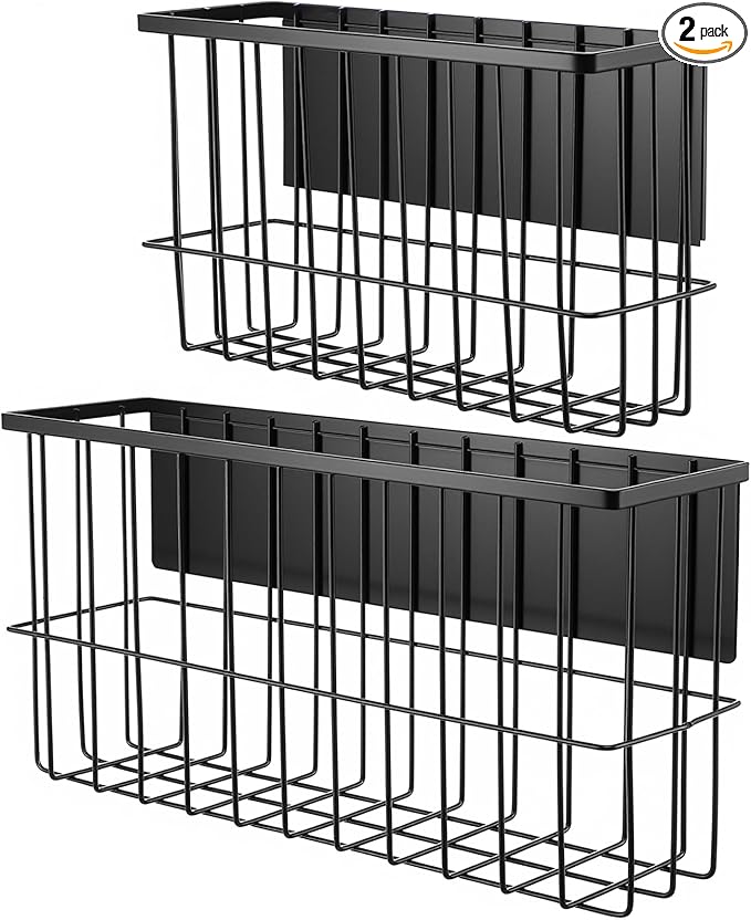 2 Pack Magnetic Laundry Basket - Dryer Ball Holder & Lint Bin Organizer for Refrigerator, Kitchen & Laundry Room Storage (L + XL, Black)