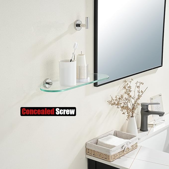 JQK Bathroom Glass Shelf Chrome, Tempered Glass Shower Storage 16 by 5 inches, 304 Stainless Steel Polished Chrome Wall Mount, TGS121L16-CH