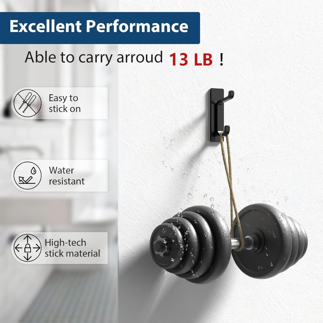 4 Pack 13LB Strong Adhesive Hooks Black Stick-On Wall Hooks For Coats Towels Bathroom Kitchen Home Storage Organization - Image 3