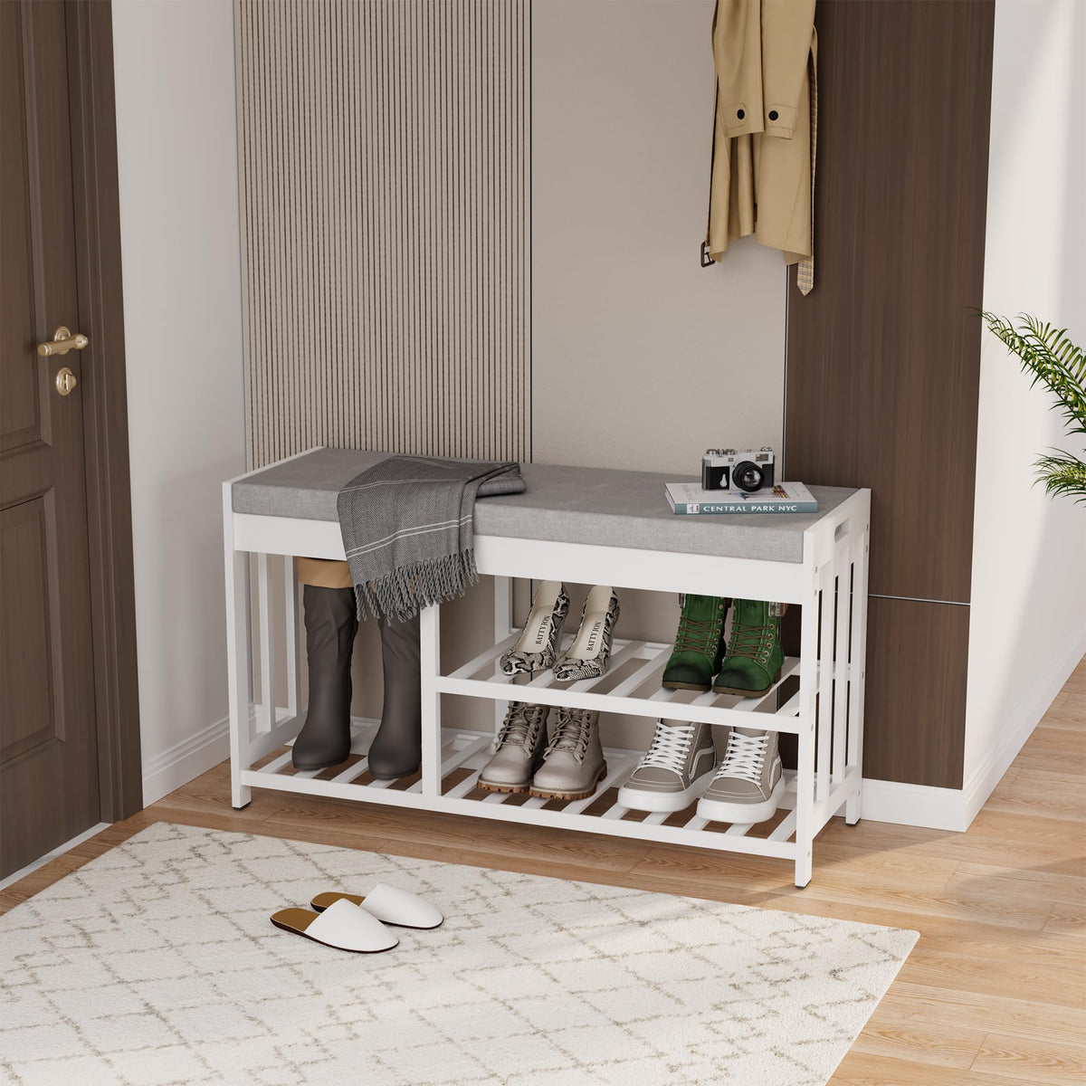 Bamboo Shoe Storage Bench with Cushioned Seat 3-Tier - Image 1