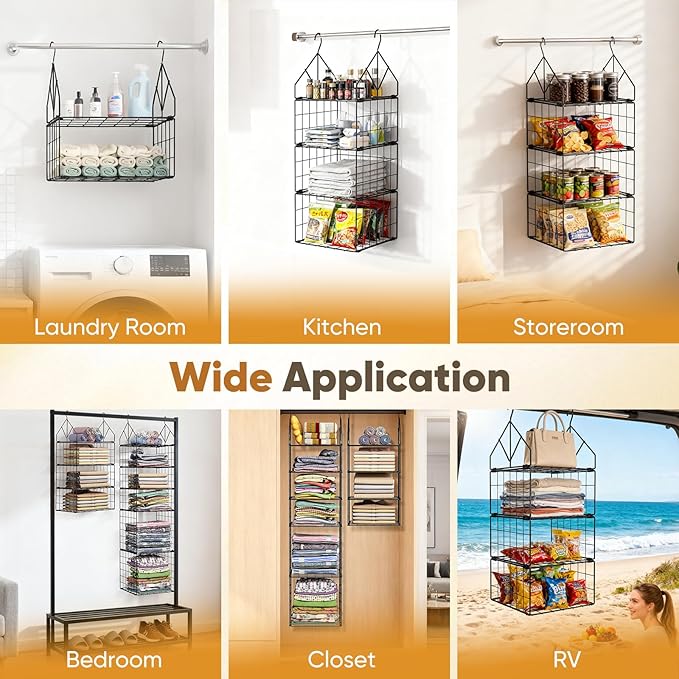 2 Pack Hanging Closet Organizer, 5 Tier Stackable Closet Organizer Foldable Closet Organizers and Storage Hanging Shelves with Hanging Hooks for Closet Clothing Sweaters Pants Shoes Handbags