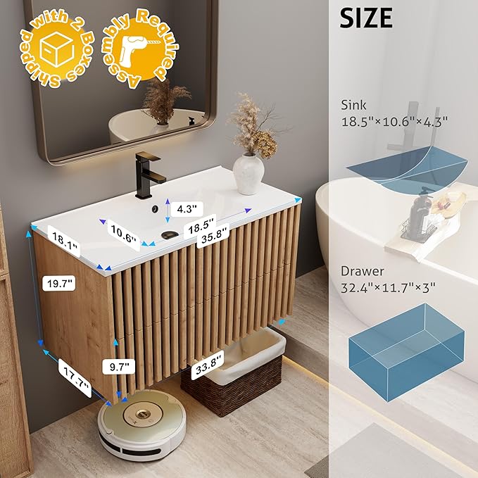 eclife 36" Floating Bathroom Vanity with Sink Combo, Modern Wall Mounted Cabinet with 2 Fluted Drawers, Undermount Sink, Faucet, Drain, Mixed Natural