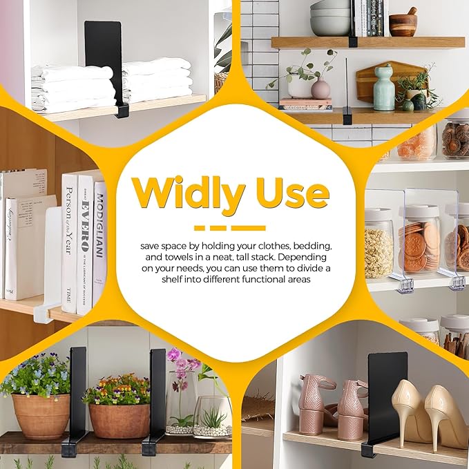 JOY DECOR 6 Pack Acrylic Matte Black Shelf Dividers for Closets Organizer and Storage Adjustable Vertical Wood Shelf Closet Separators for Clothes,Book,Bags in Bedroom and Kitchen