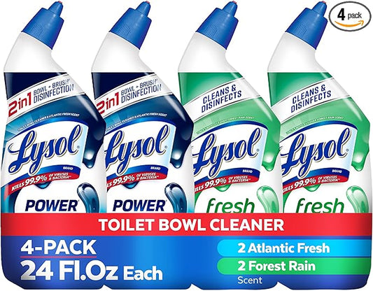 Lysol Toilet Bowl Cleaner, Max Strength Bathroom Cleaning Supplies, Toilet Bowl Cleaner Clinging Gel, Disinfecting and Deodorizing, Bleach Free, Atlantic Fresh + Forest Rain 24 oz (4 ct)