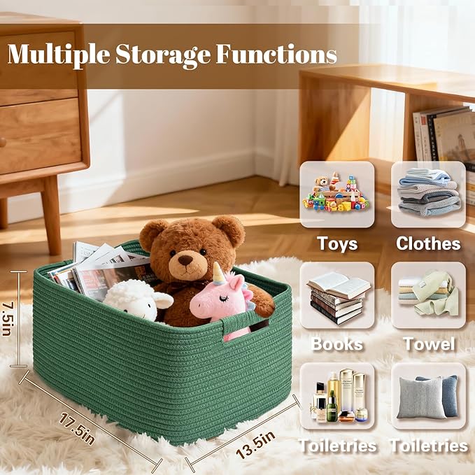 3 Pack Large Storage Basket for Organizing, 17.5"x13"x7" Woven Basket for Shelves, Closet Cube Storage Bins with Wrapped Handle, Cotton Rope Baskets for Kitchen, Clothes, Toys(Green)