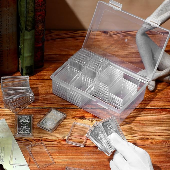 Batiyeer 25 Pcs 1 oz Silver Bar Case Holder Clear Acrylic Bar Capsule Storage Container for 1 Ounce Holder with Plastic Storage Box for Collectors Investors