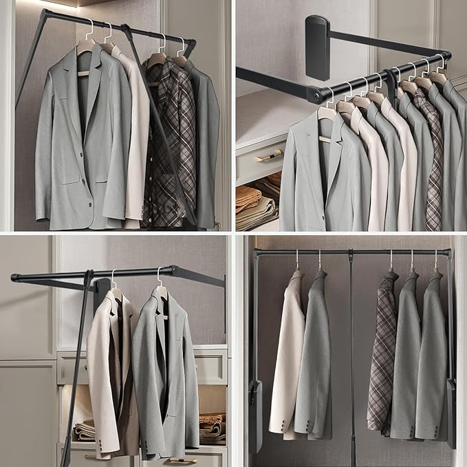Put Down Closet Rod 2 Pack, Adjustable 35-47.6 Inch Wardrobe Lift Rail Organizer Two-way Buffering Heavy Duty Wardrobe Hanger for Cabinet, Organizer Storage System Side Mounted, 33 lbs Load Capacity