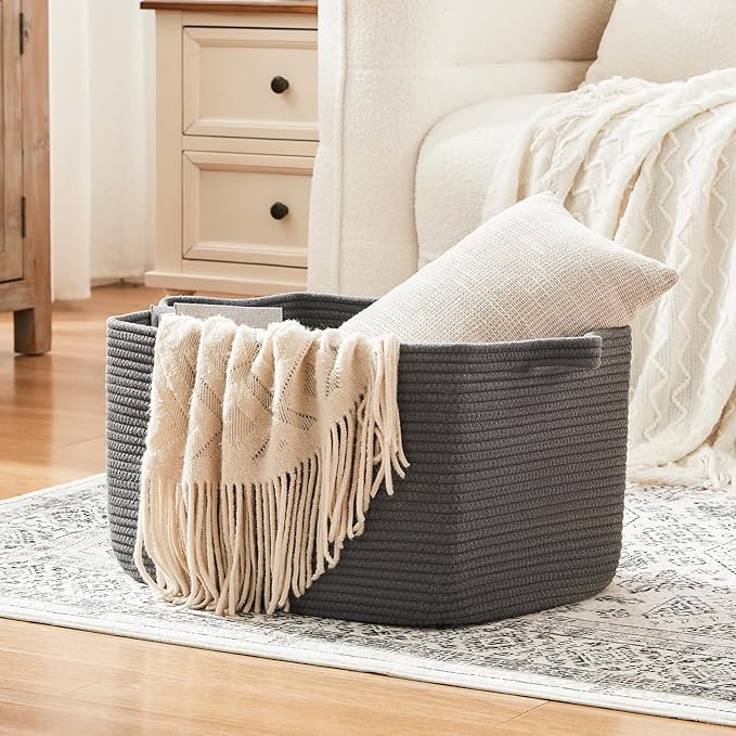 Large Toy Basket, Rectangle Woven Rope Storage Basket for Blankets, Dirty Clothes, Shoes, Nursery Organizer Bins (Dark Grey)
