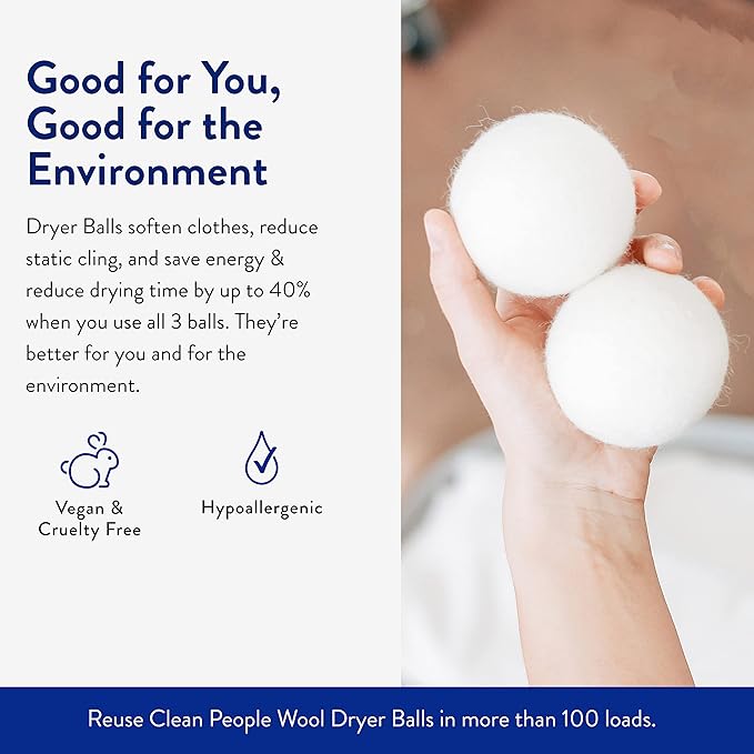 Clean People Ultra Concentrated Laundry Detergent Strips Fragrance Free & 100% New Zealand Wool Dryer Balls - 3 Pack - Plant-Based, Eco Friendly Laundry Detergent 32ct & Dryer Balls 3 Pack