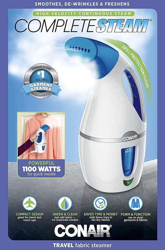 Conair Complete Steam Hand Held Fabric Steamer, 1100W, White/Blue