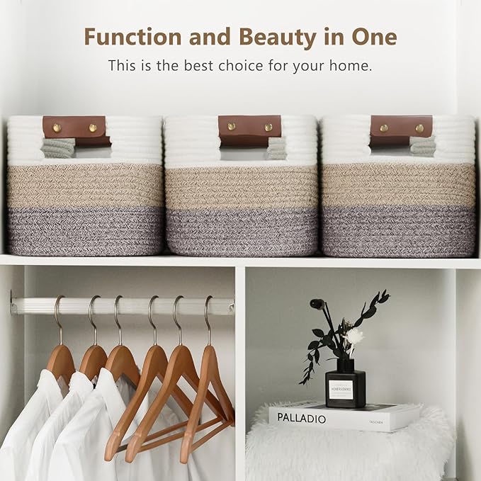 Cotton Rope Basket, Storage Baskets with Handle, 15x10x9 Inch Woven Basket for Shelves, Laundry, Towels, Clothes, Books, (Gradient Brown 1 Pack)