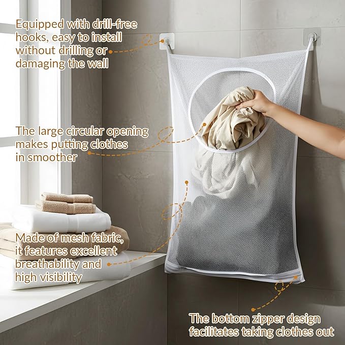 Hanging Laundry Hamper Bag,30x20 Inch Foldable Wall Hanging Laundry Bag,Portable Space Saving Dirty Clothes Bags with 2 Adhesive Hooks for Dirty Clothes Organization Storage (2)