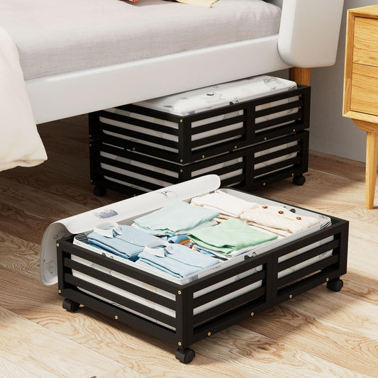 Bamboo Under Bed Storage with Wheels Rolling Underbed - Image 1