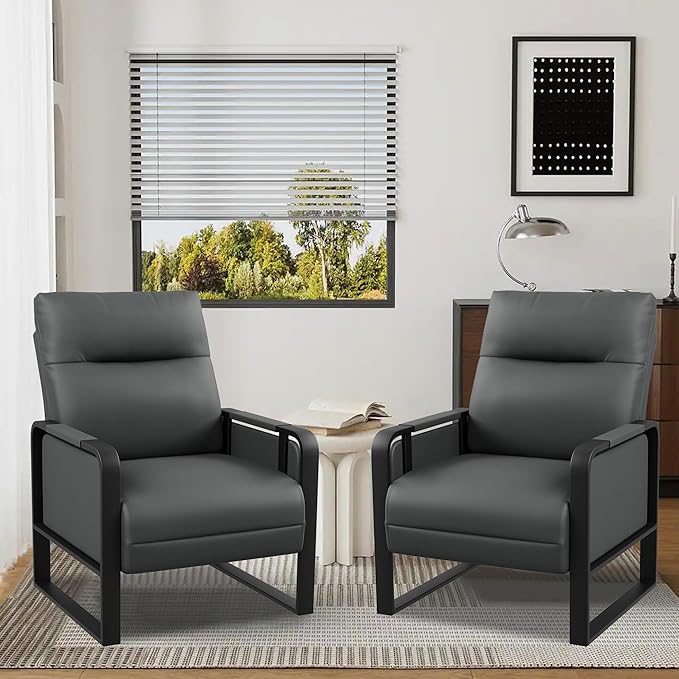 Faux Leather Accent Chairs Set of 2 with Side Table Modern Upholstered Armchair Leisure Chairs for Living Room Bedroom Office Club Dark Grey