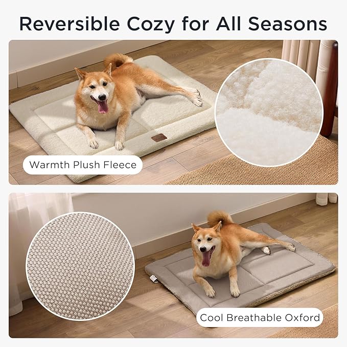 Reversible Dog Crate Pad Bed for Medium Small Dogs,Washable & Non-Slip Kennel Pet Mat, High Density Foam and Soft Fleece Cat Bed for Indoor & Outdoor Use, 29" x 21", Cream White