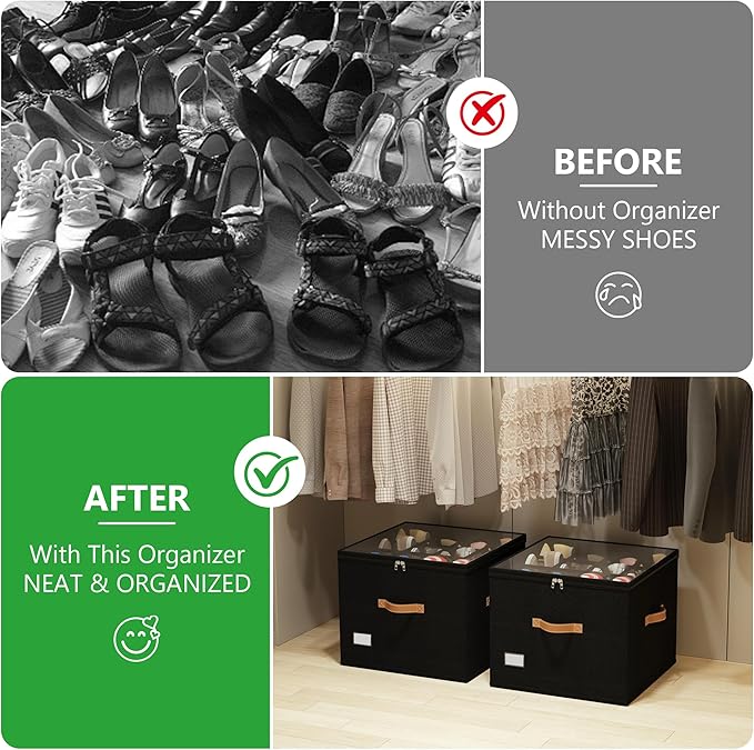 Shoe Organizer for Closet,2 Pack Shoe Storage Bins Foldable Shoe Storage Box Containers with Clear Cover and Sturdy Handles,Shoe Rack for Closet Storage for Sneakers Heels Slippers (Black)