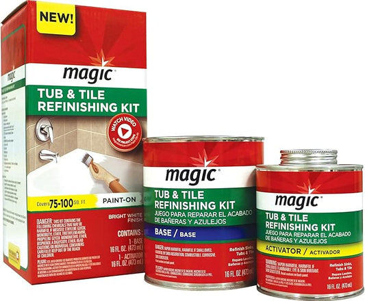 MAGIC 3124 Tub and Tile Refinishing Kit - Bright White - Paint On - Works On Ceramic Porcelain Acrylic Fiberglass Surfaces