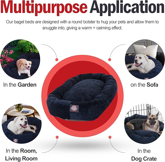 Majestic Pet 24 Inch Micro Velvet Calming Dog Bed Washable – Cozy Soft Round Dog Bed with Spine for Head Support - Fluffy Donut Puppy Mat 24x19x7 (inch) Small – Navy (2025)