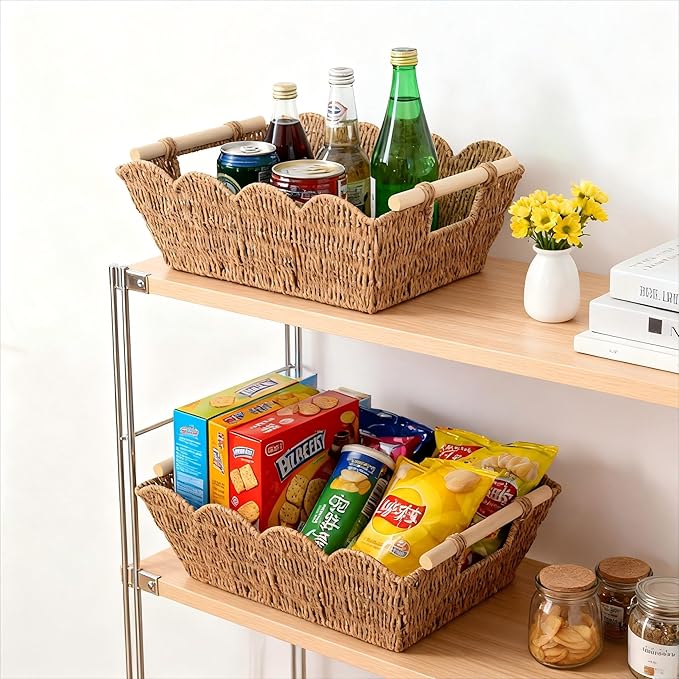Scalloped Basket with Wooden Handle, Water Hyacinth/Seagrass/Wicker Storage Baskets, Hand Woven Baskets for Shelves,Natural Baskets for Organizing (2 Pack Paper Rope, 16.5 * 12.6 * 5.5“)