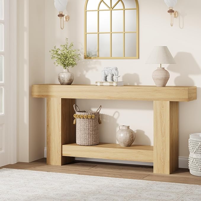 Garvee 63" Farmhouse Console Table with 2 Tiers and Storage – Large Wooden Sofa Table for Entryway, Hallway and Living Room