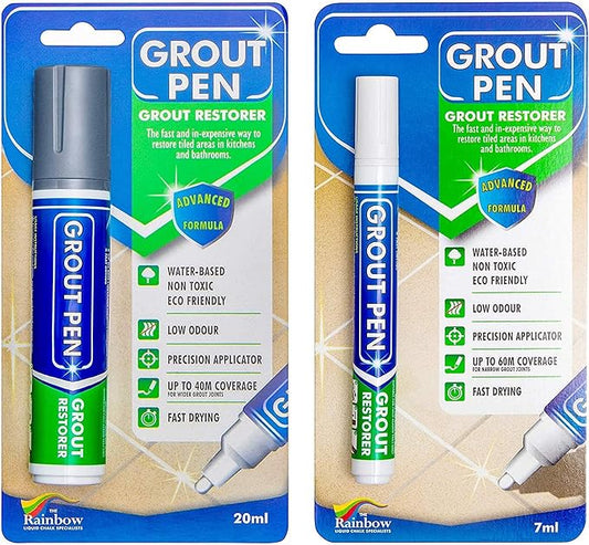 Grout Pen Tile Paint Marker: Waterproof Grout Colorant and Sealer Pen to Renew, Repair, and Refresh Tile Grout - Bundle - 15mm Wide Tip Grey and 5mm Narrow Tip White