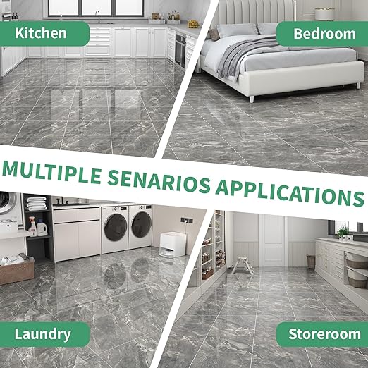 20-Pack 19.34 Sq.Ft Peel and Stick Floor Tiles Vinyl Glossy Pattern Flooring, 11.8” x 11.8” Self Adhesive Vinyl Flooring DIY for Kitchen, Bathroom, Laundry, Polish Dark Grey Marble