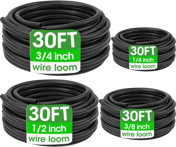 Wire Loom 1/4", 3/8", 1/2", 3/4 Inch x 30 FT, Split Wire Loom Tubing Wire Conduit, Cable Sleeves Bulk Flexible Electrical Conduit Protective kit, Black