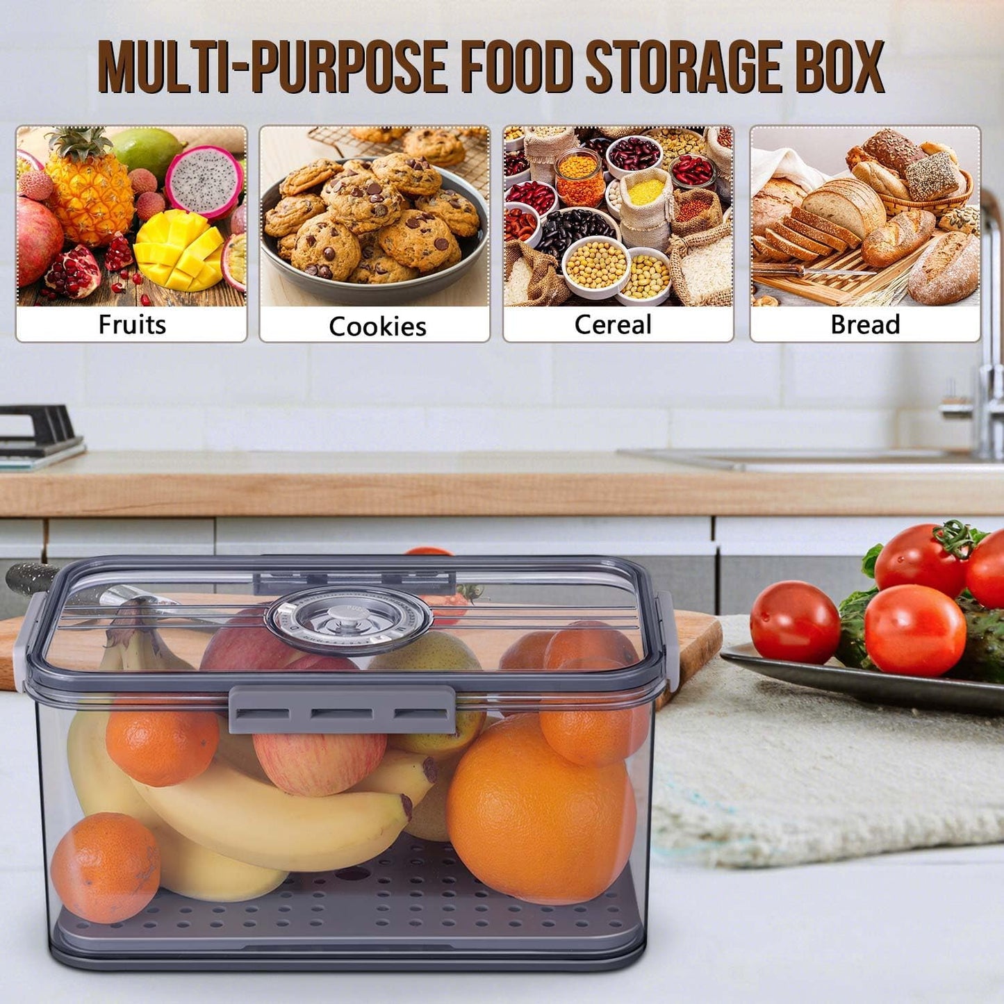 Airtight Bread Box with Time Recording — Large Capacity Bread Storage Container with Lid, Bread Keeper for Homemade Bread, Toast, Bagel & Cookies, Grey